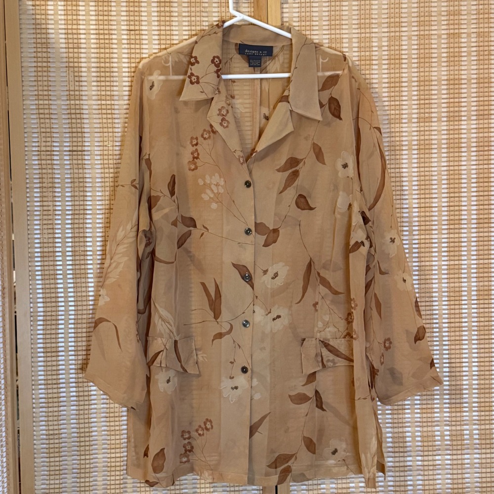 Lane Bryant Designs & Co Tan Floral Sheer Button Down Blouse Plus Size 22/24